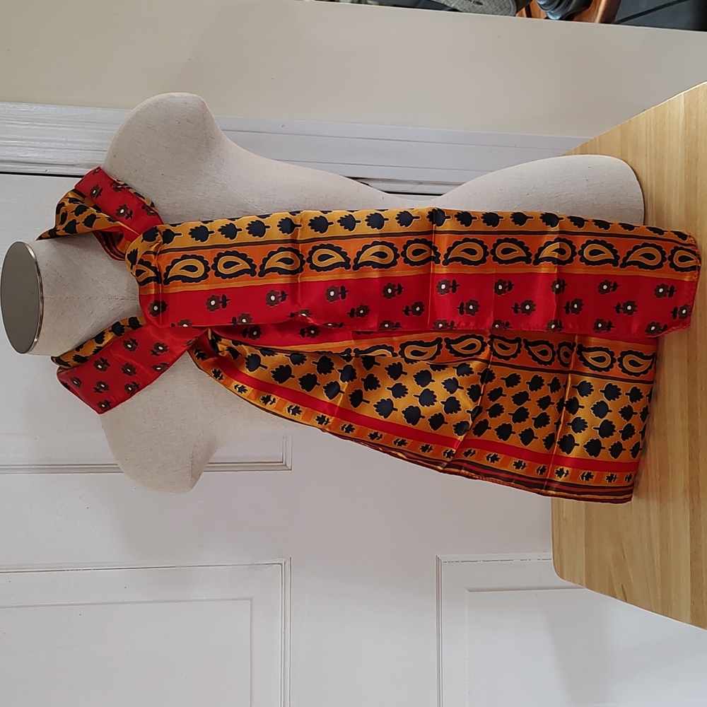 Vintage Scarf Red Gold Green Black Silky Smooth Feel. 74 X 8 inches